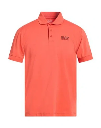 Ea7 Man Polo Shirt Orange Size L Cotton, Elastane