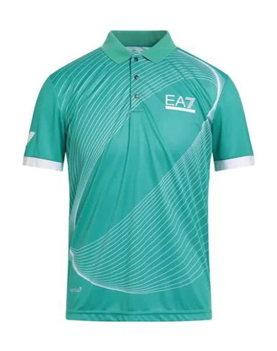 Ea7 Man Polo Shirt Turquoise Size L Polyester In Blue
