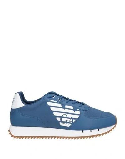 Ea7 Man Sneakers Slate Blue Size 8.5 Polyester, Cow Leather, Polyurethane Coated