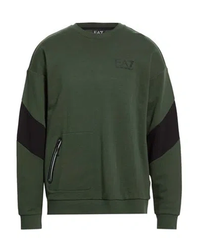 Ea7 Man Sweatshirt Military Green Size M Cotton, Elastane