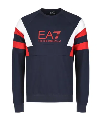 Ea7 Navy Blue Logo Round-necked Sweater In Black