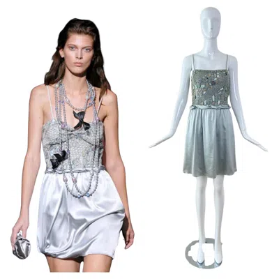 Pre-owned Ea7 Nwt's Emporio Armani 2008 Vintage Runway Silk Embellished Dress In Gray