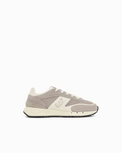 Ea7 Otg Black And White Velo Suede Sneakers In Gray