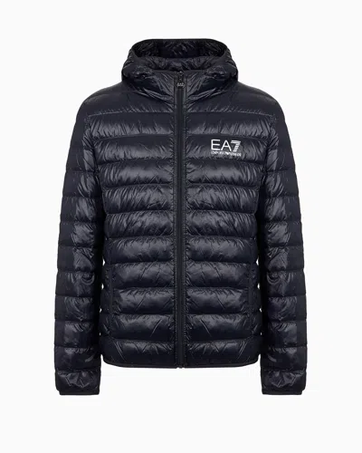 Ea7 Packable Hooded Core Identity Puffer Jacket In Blue