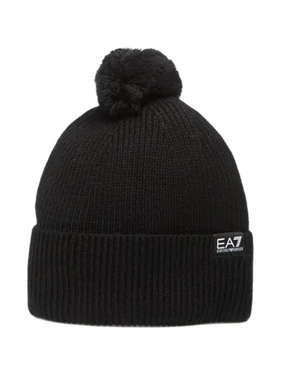 Ea7 Pom-pom Ribbed Beanie Hat In Black
