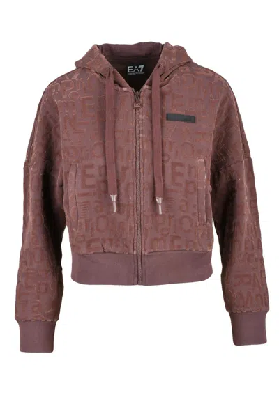 Ea7 Red Cropped Velvet Hoodie In Brown