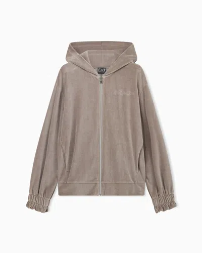 Ea7 Regular Fit Full-zip Hoodie Athletic Velour In Cotton In Gray