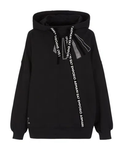 Ea7 Rhinestone-embellished Logo-tape Hoodie In Black
