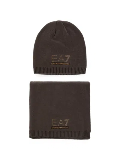 Ea7 Rhinestone-embellished Beanie Hat And Scarf Set In Brown