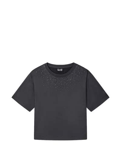 Ea7 Rhinestone-embellished Cropped T-shirt In Gray
