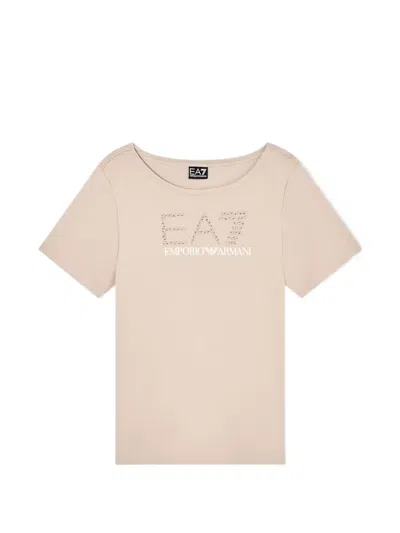 Ea7 Rhinestone-embellished Logo-print T-shirt In Neutral