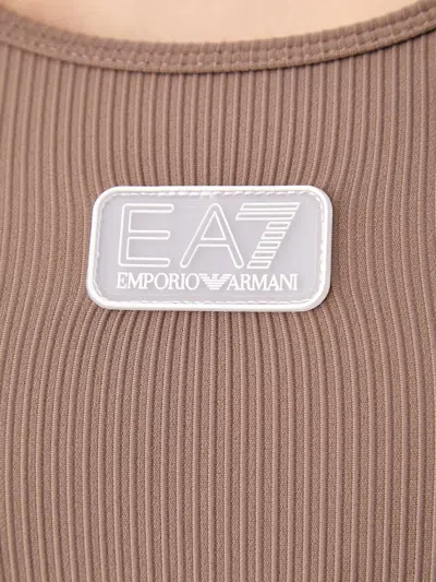 Ea7 Ribbed Logo-patch Sports Bra In Brown