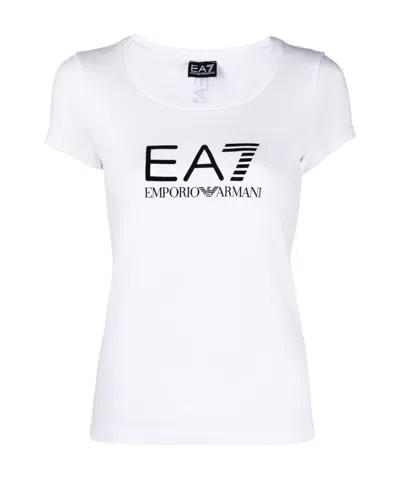 Ea7 Scoop-neck Logo T-shirt In White