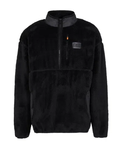 Ea7 Semi-zipper Suede Sports Sweater In Black
