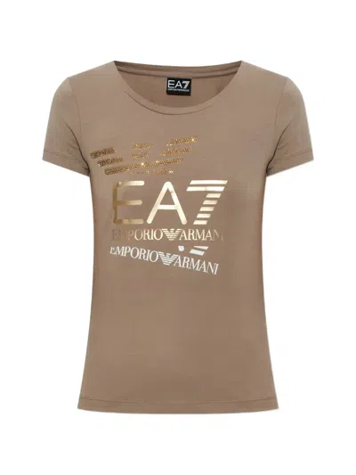 Ea7 Sequin-embellished Logo-print T-shirt In Neutral