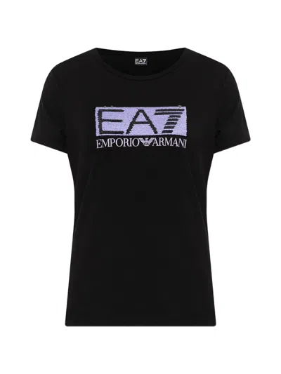 Ea7 Sequin-logo T-shirt In Black