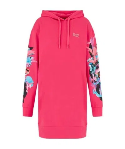 Ea7 Series Floral Pattern Hooded Long Sweaters In Pink