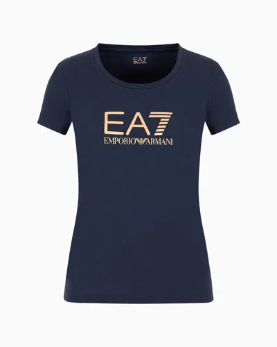 Ea7 Official Store Shiny Cotton Crew-neck T-shirt In Midnight Blue