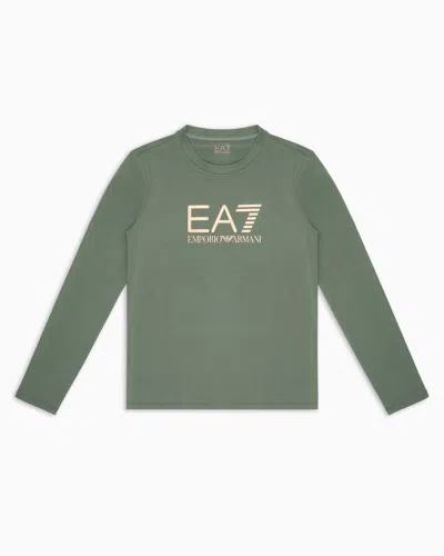 Ea7 Kids' Shiny Girl Stretch-cotton, Crew-neck T-shirt In Green