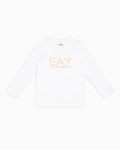 Ea7 Kids' Shiny Girl Stretch-cotton, Crew-neck T-shirt In White