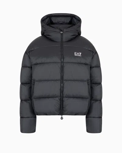 Ea7 Shiny Padded Bomber With Hood In Black