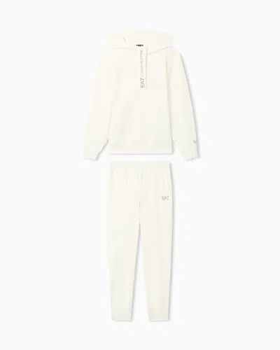 Ea7 Stretch Cotton Jersey Hooded Tracksuit In White