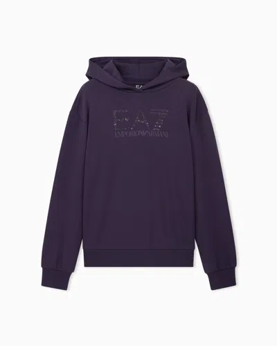 Ea7 Stretch Hooded Sweatshirt With Micro Studs Logo Series In Blue