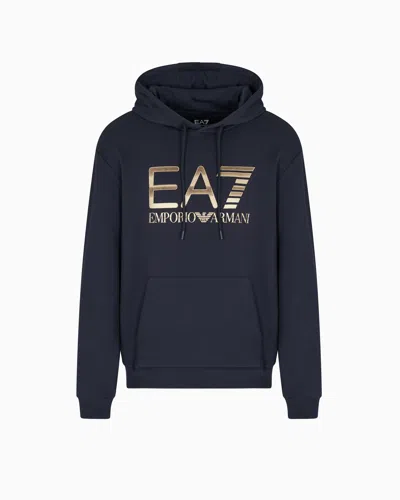 Ea7 Sweat-shirt À Capuche Logo Series En Coton Stretch Avec Grand Logo In Blue