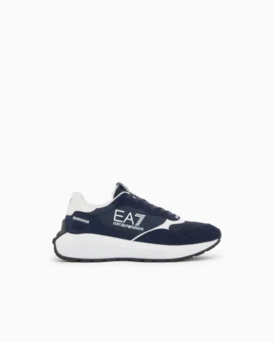 Ea7 Technical Fabric Sneakers And Leather Inserts In Blue