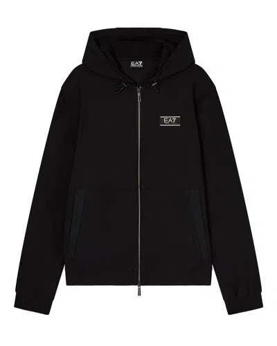 Ea7 Textured Technical Fabric Zip-up Hoodie In Black