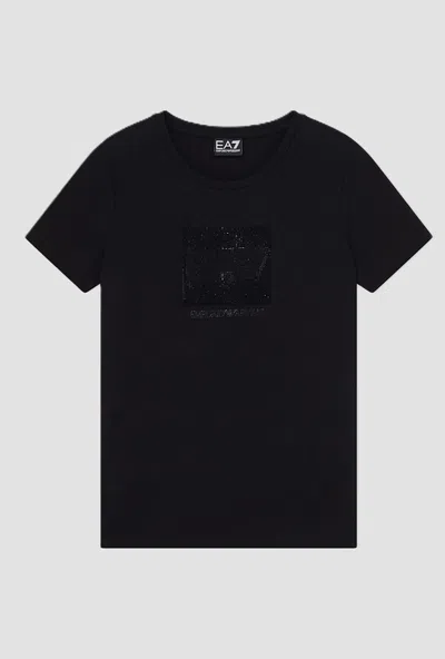 Ea7 T-shirt With Logo In Black Rhinestones