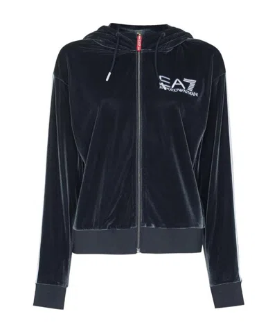 Ea7 Velour Logo Patch Hoodie In Black