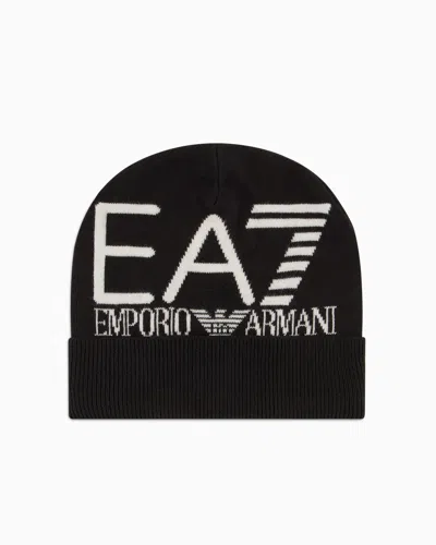 Ea7 Visibility Beanie With  Oversized Logo In Black