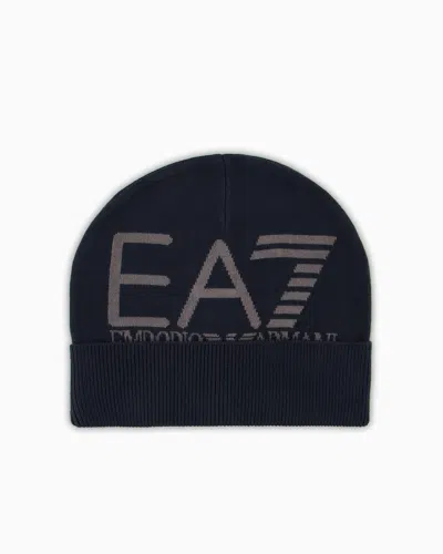 Ea7 Visibility Beanie With  Oversized Logo In Blau