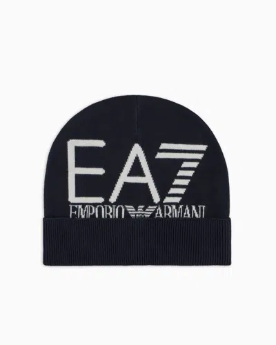 Ea7 Visibility Beanie With  Oversized Logo In Blue