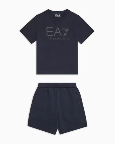 Ea7 Kids' Visibility Boy Cotton T-shirt And Shorts Set In Blue