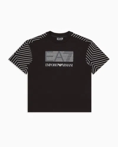 Ea7 Kids' Visibility Boy Printed Cotton T-shirt In Black
