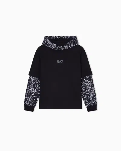Ea7 Visibility Boy Pure Cotton Hooded Sweatshirt In Black