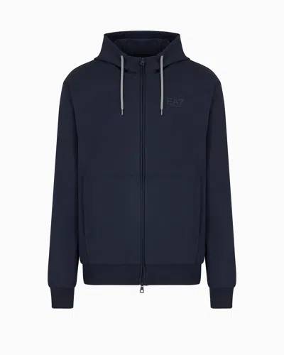 Ea7 Visibility Cotton Hooded, Zip-up Sweatshirt In Navy Blue