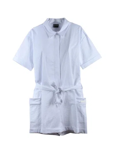 Ea7 White Cotton Elastane Stretch Jumpsuit In Blue