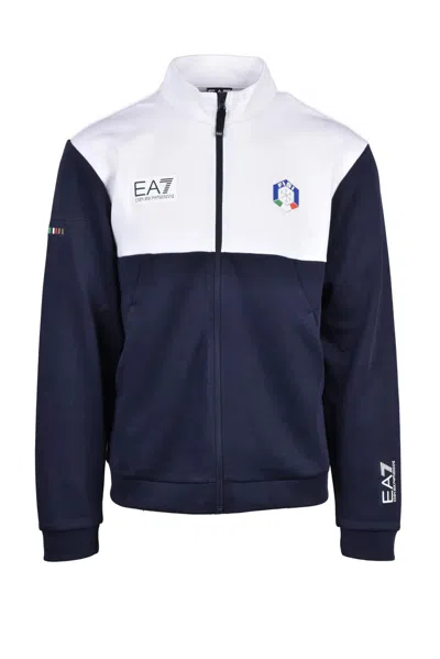 Ea7 White/blue Polyester Cotton Men's Zip Hoodie In Multi