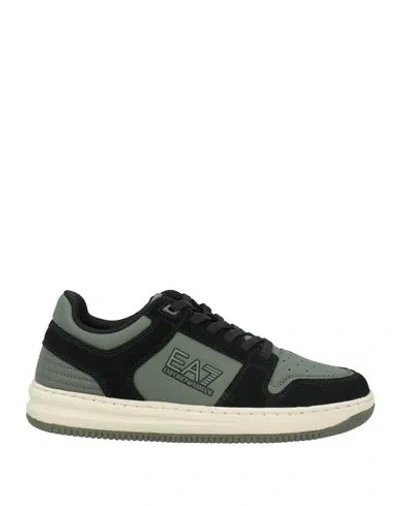 Ea7 Woman Sneakers Military Green Size 8 Leather, Synthetisches Material In Black