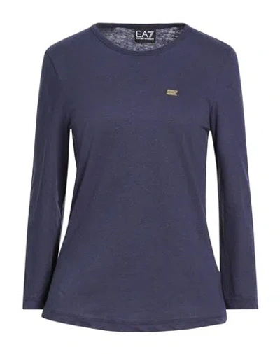 Ea7 Woman T-shirt Navy Size Xl Cotton, Linen In Blue