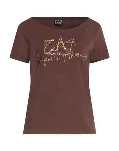 Ea7 Woman T-shirt Brown Size M Cotton, Elastane