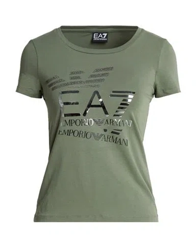 Ea7 Woman T-shirt Military Green Size L Cotton, Elastane