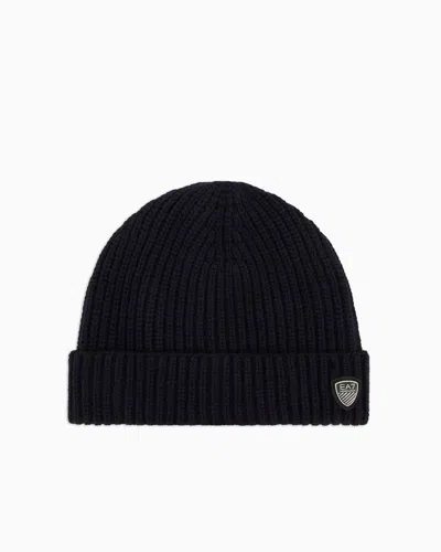Ea7 Wool And Viscose Blend Beanie In Black