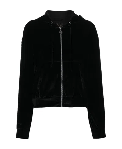 Ea7 Zip-fastening Velvet Hoodie In Black