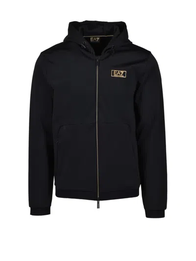 Ea7 Front Zipper With Hat Casual Jacket In Black