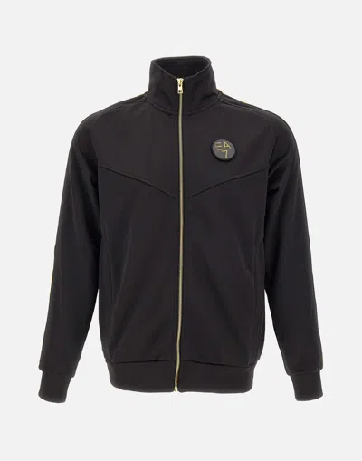 Ea7 Cotton Sweatshirt With Ocher Profiles In Black