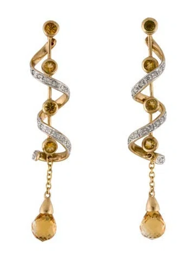 Pre-owned Earrings 10k Citrine & Diamond Spiral Drop  In Multi